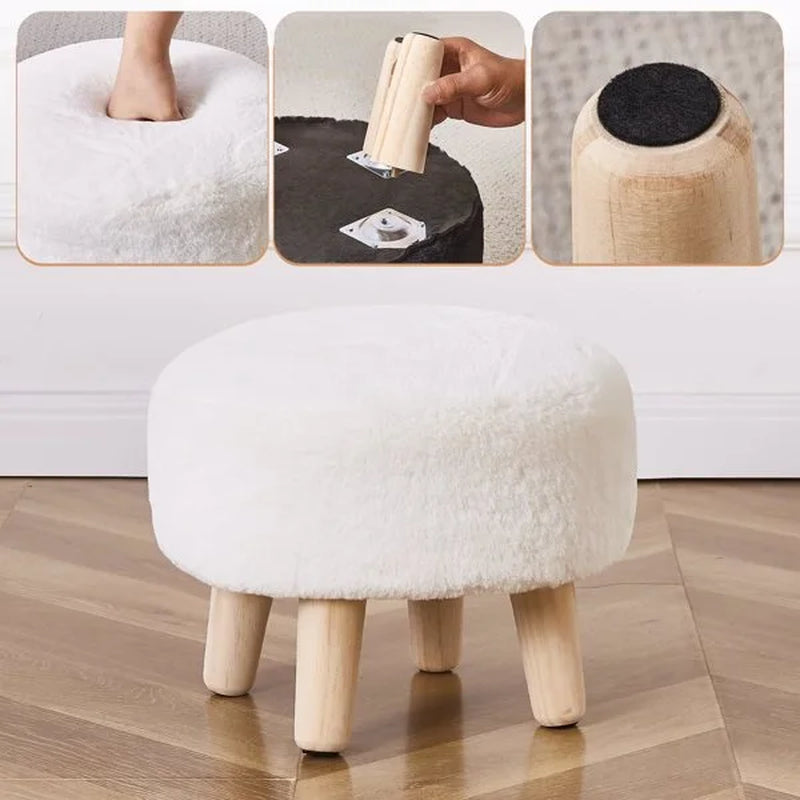 Round Mushroom Footstool Ottoman – Rabbit Wool Upholstered Small Stool with Solid Wood Legs, Cute Shoe Changing Stool, Step Stool, Sofa Footrest for Living Room & Bedroom White