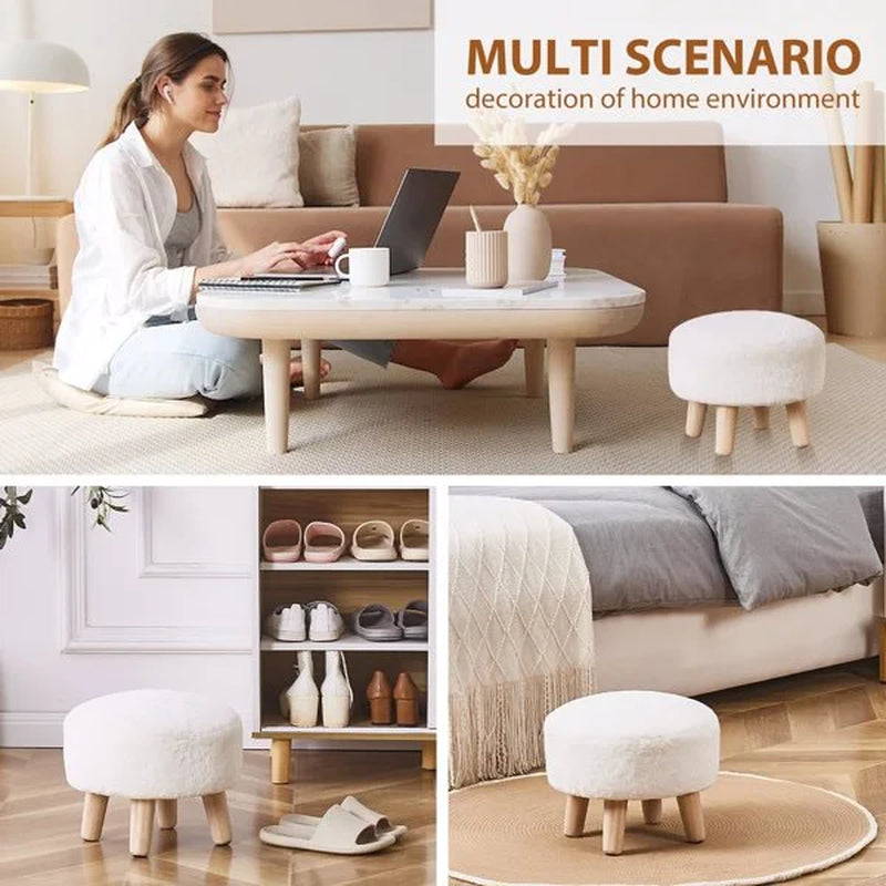 Round Mushroom Footstool Ottoman – Rabbit Wool Upholstered Small Stool with Solid Wood Legs, Cute Shoe Changing Stool, Step Stool, Sofa Footrest for Living Room & Bedroom White