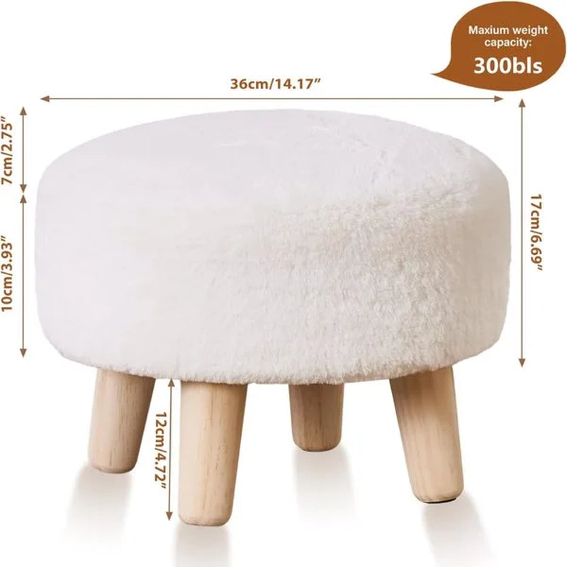 Round Mushroom Footstool Ottoman – Rabbit Wool Upholstered Small Stool with Solid Wood Legs, Cute Shoe Changing Stool, Step Stool, Sofa Footrest for Living Room & Bedroom White