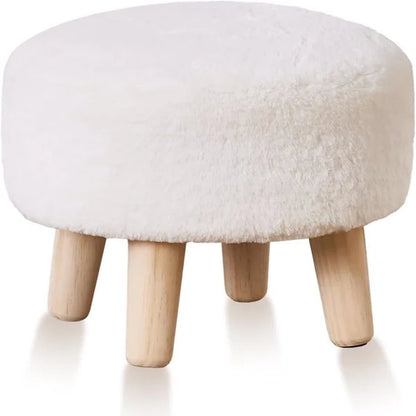 Round Mushroom Footstool Ottoman – Rabbit Wool Upholstered Small Stool with Solid Wood Legs, Cute Shoe Changing Stool, Step Stool, Sofa Footrest for Living Room & Bedroom White