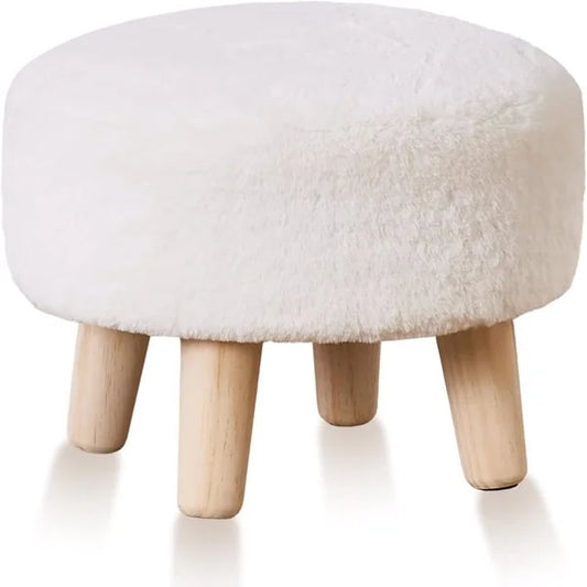 Round Mushroom Footstool Ottoman – Rabbit Wool Upholstered Small Stool with Solid Wood Legs, Cute Shoe Changing Stool, Step Stool, Sofa Footrest for Living Room & Bedroom White