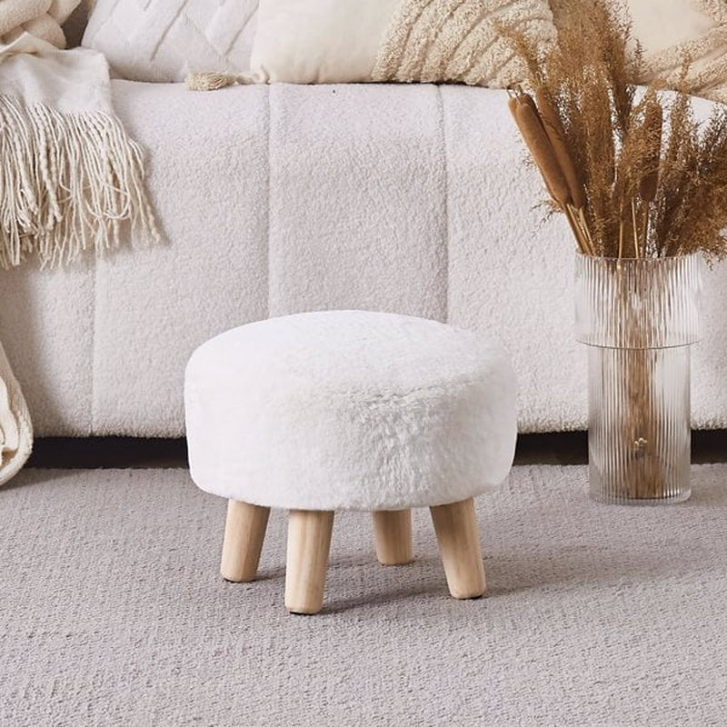 Round Mushroom Footstool Ottoman – Rabbit Wool Upholstered Small Stool with Solid Wood Legs, Cute Shoe Changing Stool, Step Stool, Sofa Footrest for Living Room & Bedroom White